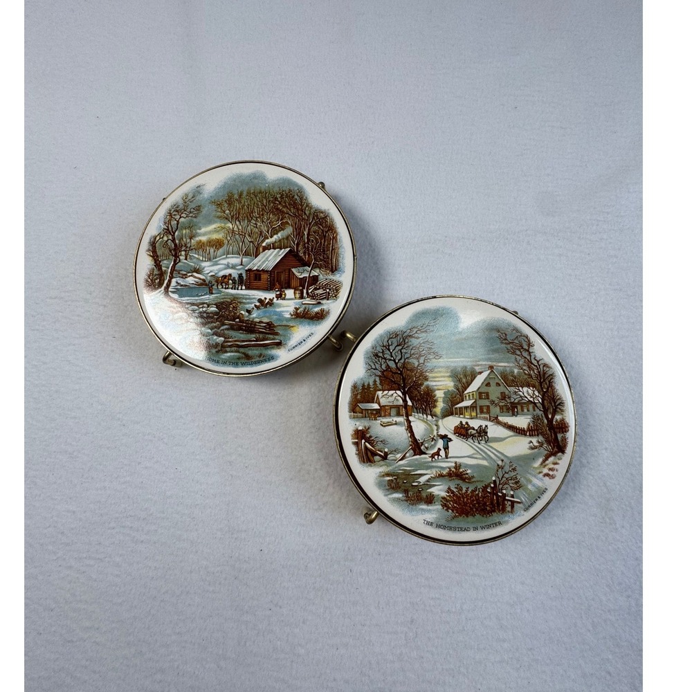 Vintage Currier & Ives Set of 2 Footed Trivets 6" Winter Scenes Ceramic Brass